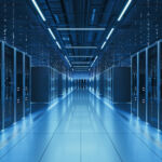 Interior view of a futuristic data center designed for artificial intelligence processing, featuring glowing servers and digital data streams.