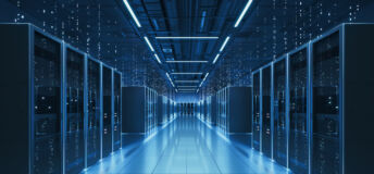 Interior view of a futuristic data center designed for artificial intelligence processing, featuring glowing servers and digital data streams.