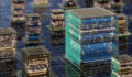 A futuristic cityscape featuring stacked glass cubes resembling data centers, reflecting lights across a circuit-like urban terrain. Symbolizes technology, innovation, and digital infrastructure powering modern cities.