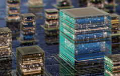 A futuristic cityscape featuring stacked glass cubes resembling data centers, reflecting lights across a circuit-like urban terrain. Symbolizes technology, innovation, and digital infrastructure powering modern cities.