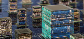 A futuristic cityscape featuring stacked glass cubes resembling data centers, reflecting lights across a circuit-like urban terrain. Symbolizes technology, innovation, and digital infrastructure powering modern cities.