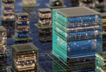 A futuristic cityscape featuring stacked glass cubes resembling data centers, reflecting lights across a circuit-like urban terrain. Symbolizes technology, innovation, and digital infrastructure powering modern cities.