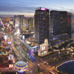 Las Vegas, USA - December 13, 2016: Night time aerial view of the Las Vegas strip - a 4.2 mile stretch of road that is bordered by hotels, resorts and casinos including the CityCenter complex, the Cosmopolitan and Planet Hollywood.