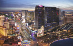 Las Vegas, USA - December 13, 2016: Night time aerial view of the Las Vegas strip - a 4.2 mile stretch of road that is bordered by hotels, resorts and casinos including the CityCenter complex, the Cosmopolitan and Planet Hollywood.