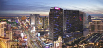 Las Vegas, USA - December 13, 2016: Night time aerial view of the Las Vegas strip - a 4.2 mile stretch of road that is bordered by hotels, resorts and casinos including the CityCenter complex, the Cosmopolitan and Planet Hollywood.