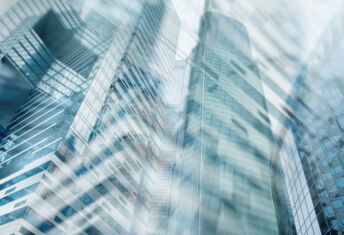 Abstract business background, modern cities and people silhouettes.