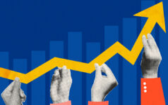 Hands hold up an upwards pointing arrow