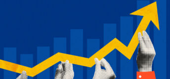 Hands hold up an upwards pointing arrow