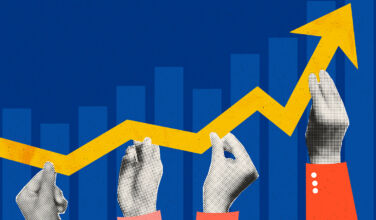 Hands hold up an upwards pointing arrow