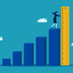 Illustration of a bar chart with a businesswoman measuring the largest bar