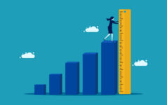 Illustration of a bar chart with a businesswoman measuring the largest bar
