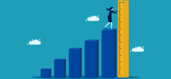 Illustration of a bar chart with a businesswoman measuring the largest bar
