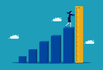 Time to shift the dial on representation in real estate private credit Illustration of a bar chart with a businesswoman measuring the largest bar