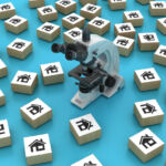 House Blocks with Microscope - Color Background - 3D Rendering