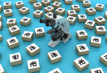 House Blocks with Microscope - Color Background - 3D Rendering