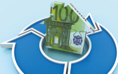 Image of a blue recycle symbol with a house made of euro bills in the center of the circle.