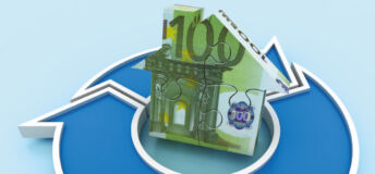 Goldman Sachs Asset Management on a new era for real estate Image of a blue recycle symbol with a house made of euro bills in the center of the circle.