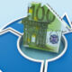 Goldman Sachs Asset Management on a new era for real estate Image of a blue recycle symbol with a house made of euro bills in the center of the circle.