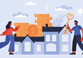 Urban Standard launches luxury residential financing fund Illustration of people holding keys to building with stacks of coins on the roof.