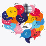 Illustration of a brain composed of many different coloured speech bubbles