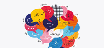 Illustration of a brain composed of many different coloured speech bubbles