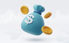Illustration of a money bag surrounded by gold coins.