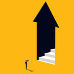 PIMCO on how private capital is redefining real estate credit Businessman looks at stairs in the door arrow pointing up