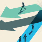 Real estate lenders adapt to avoid risks A Change of Direction. A businessman choosing to walk in the opposite direction to other people on top of a arrow. Business conceptual vector illustration.