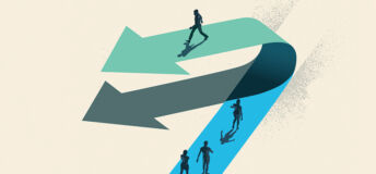 Real estate lenders adapt to avoid risks A Change of Direction. A businessman choosing to walk in the opposite direction to other people on top of a arrow. Business conceptual vector illustration.
